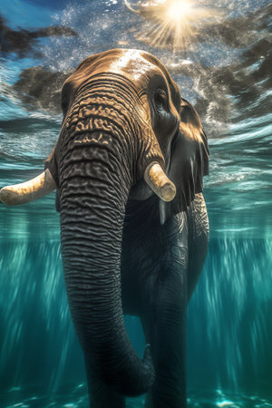 Generative AI : Close up of the elephant swimming in a zoo poolの素材