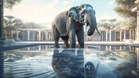 Generative AI : Close up of the elephant swimming in a zoo poolの素材