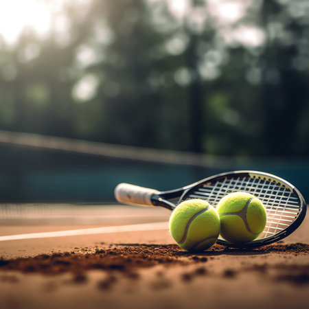 Generative AI : Close up of tennis rackets and tennis balls lying on tennis court sport tennis and activityの素材
