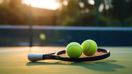 Generative AI : Close up of tennis rackets and tennis balls lying on tennis court sport tennis and activityの素材