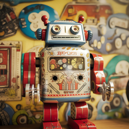 Generative AI : Close up view of colorful mixed vintage tin robot toys collectionの素材