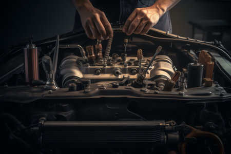Generative AI : Closeup of an open fuel cars motor at a mechanicの素材