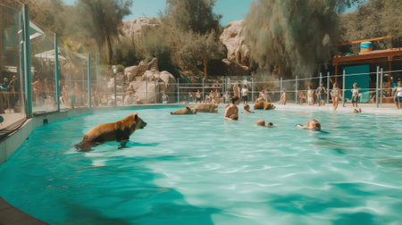 Generative AI : Close up of the elephant swimming in a zoo poolの素材