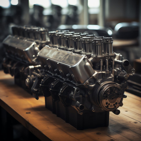 Generative AI : Closeup of an open fuel cars motor at a mechanicの素材
