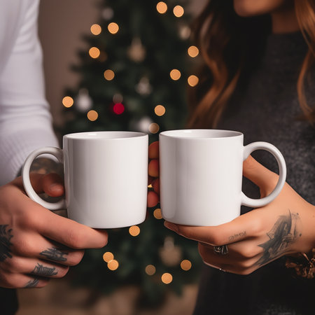 Generative AI : Closeup image of a man and a woman clinking white coffee mugs in cafeの素材