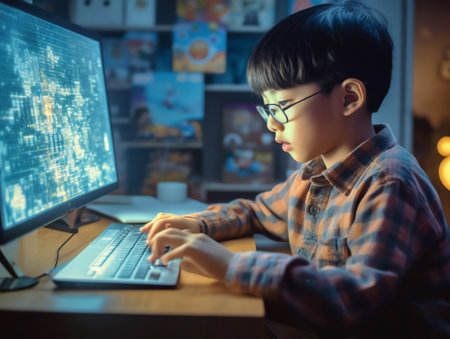 Generative AI : Closeup Smart looking Asian boy working with circuits wires computer chip OLED motor wheels on his robotics project Science Technology Engineering and Mathematics Sの素材