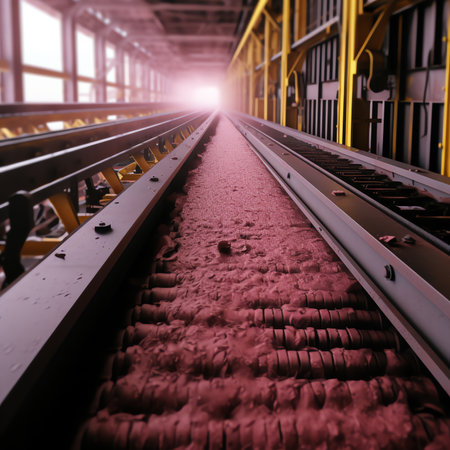 Generative AI : Closeup of conveyor line with butter cubes moving down for further manufacturing process at food plantの素材