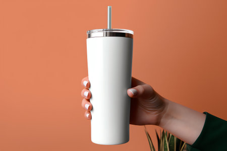 Generative AI : Closeup of female hand holding white reusable steel stainless eco thermo water bottle on background of cyan aqua menthe color Be plastic free Zero wasteの素材