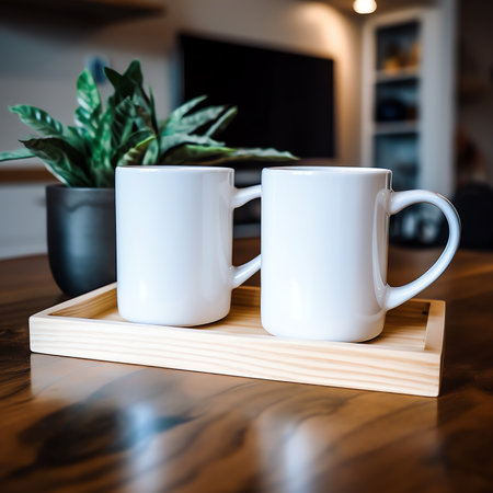 Generative AI : Closeup image of a man and a woman clinking white coffee mugs in cafeの素材