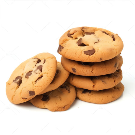 Generative AI : Collection of half chocolate chip cookies on white backgroundの素材
