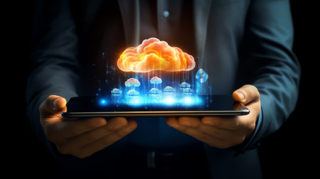 Generative AI : Cloud technology service with man hand digital tablet and digital screen with cloud signs and social lifestyle media signs aboveの素材
