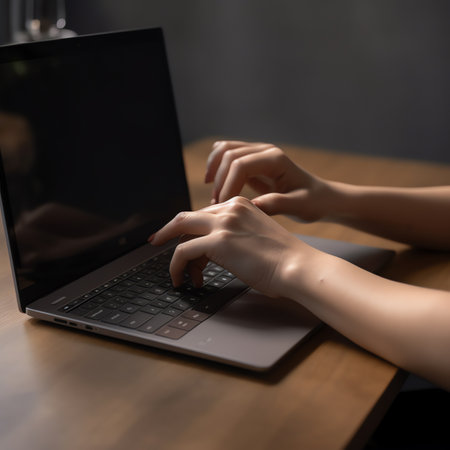 Generative AI : Closeup view on woman who working on laptopの素材