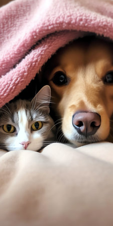 Generative AI : Cold at home dog and cat are basking in a hat and under warm blanket Dog and cat together under plaidの素材
