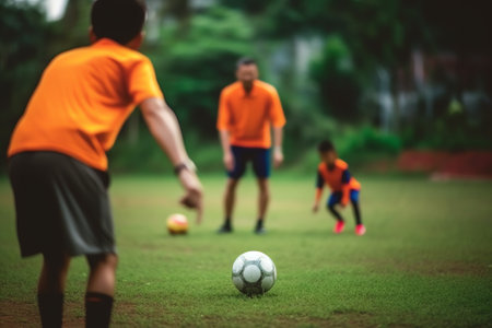 Generative AI : Coach giving childrens soccer team instructions Youth soccer team before final game Football match for children shout team football soccer gameの素材