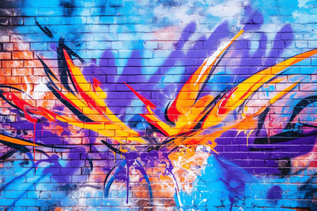 Generative AI : Colorful background of graffiti painting artwork with bright aerosol strips on metal wall Old school street art piece made with aerosol spray paint cans Contemporarの素材