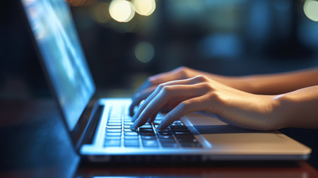 Generative AI : Closeup view on woman who working on laptopの素材