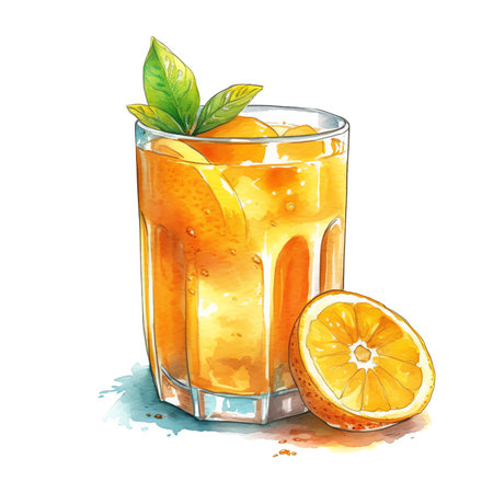Generative AI : Cold cocktail Summer soft drink with ice based on orange juice and syrup in a glassの素材