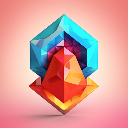 Generative AI : Colorful abstract geometric background with threedimensional solid figures Pyramid Dodecahedron prism rectangular cube arranged on colored paperの素材