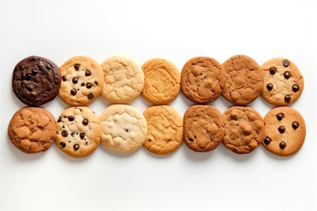 Generative AI : Collection of half chocolate chip cookies on white backgroundの素材