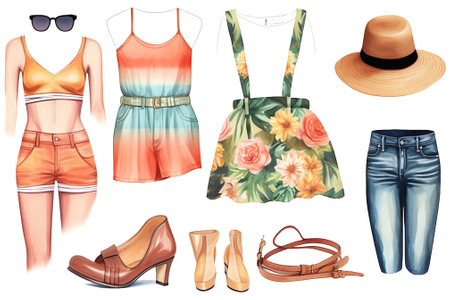 Generative AI : Collection summer clothes on a white backgroundの素材