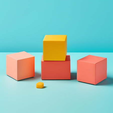 Generative AI : Colorful abstract geometric background with threedimensional solid figures Pyramid Dodecahedron prism rectangular cube arranged on colored paperの素材