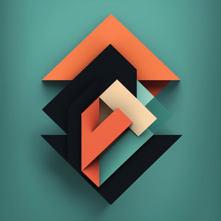 Generative AI : Colorful abstract geometric background with threedimensional solid figures Pyramid Dodecahedron prism rectangular cube arranged on colored paperの素材