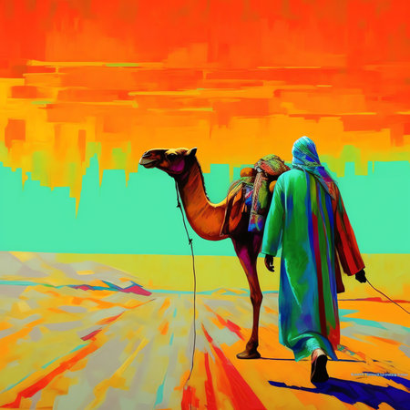 Generative AI : Collage full length body cadre of headless animal man camel painting acrylic masterpiece nature scenery isolated on beige backgroundの素材