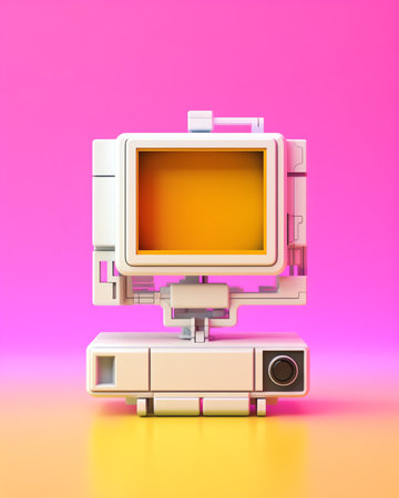 Generative AI : Colorful image of vintage computer monitor and keyboard on bright pink tablecloth over yellow background Typing information Concept of retro pop art vintage thingsの素材