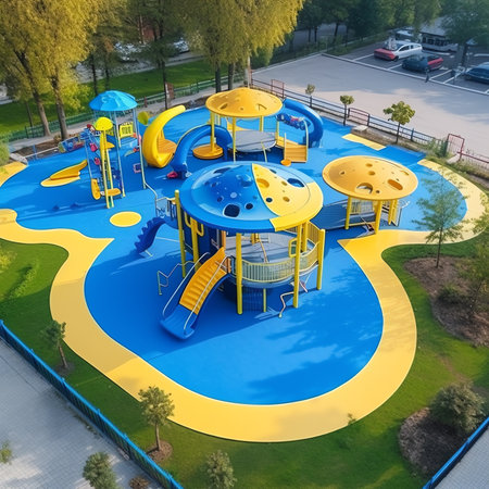 Generative AI : Colorful large playground in the park Empty modern outdoor playground in summerの素材