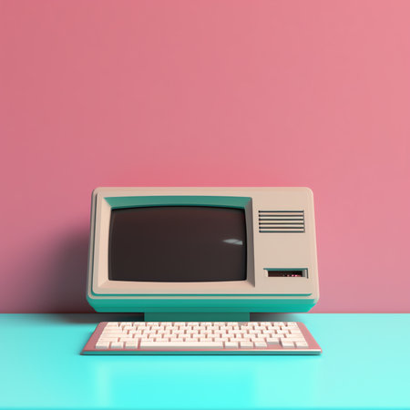 Generative AI : Colorful image of vintage computer monitor and keyboard on bright pink tablecloth over yellow background Typing information Concept of retro pop art vintage thingsの素材