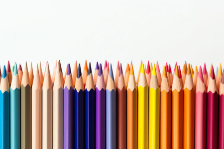 Generative AI : Colorful sharpened pencils are lined up on the tableの素材