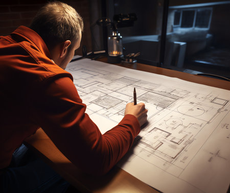 Generative AI : Construction engineer working at blueprint to build large commercial buildings in office Engineering tools and construction conceptの素材
