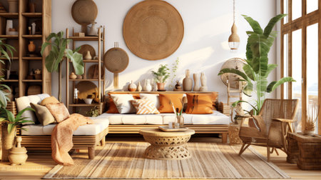 Generative AI : Comfortable living room with ethnic interior design in bohemian style Apartment with home decor rattan furniture armchair with cushions bamboo coffee table carpet oの素材