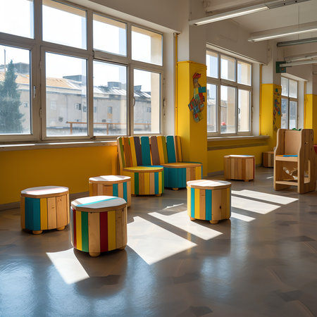 Generative AI : Colorful wooden chairs on wooden floorの素材