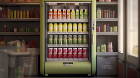 Generative AI : Commercial refrigerators different types of fridges Photo mockup Planogram Juice coffee and yoghurt in bottles and cans Fresh Vegetable sandwiches fruits in plasticの素材