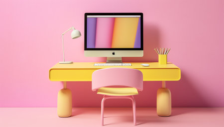 Generative AI : Colorful image of vintage computer monitor and keyboard on bright pink tablecloth over yellow background Typing information Concept of retro pop art vintage thingsの素材