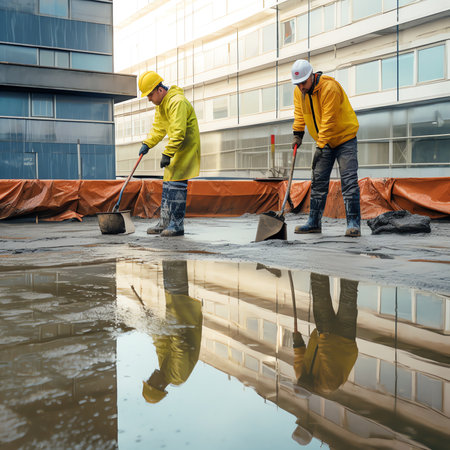Generative AI : Construction worker Concrete pouring during commercial concreting floors of building in construction site and Civil Engineer or Construction engineer inspec workの素材