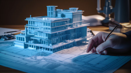 Generative AI : Construction engineer working at blueprint to build large commercial buildings in office Engineering tools and construction conceptの素材