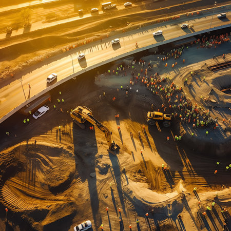 Generative AI : Construction site workers aerial Top Viewの素材