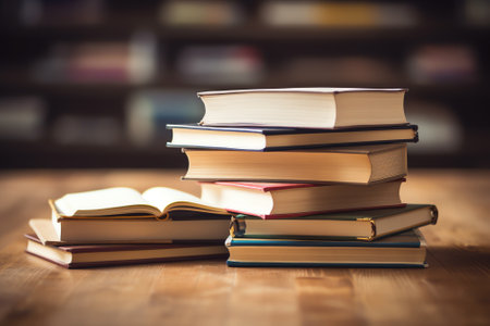 Generative AI : Composition with vintage old hardback books diary fanned pages on wooden deck table and red background Books stacking Back to school Copy Space Education backgroundの素材