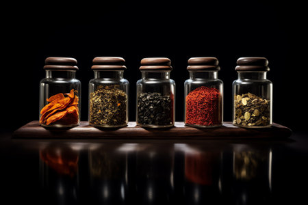 Generative AI : Colorful spices and peppers in wooden bowls flying over black background Spices and seasonings powder splash Freeze motion photoの素材