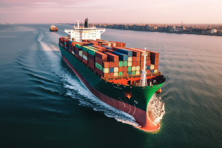 Generative AI : Container ship carrying container box in import export with quay crane Global business cargo freight shipping commercial trade logistic and transportation oversea wの素材
