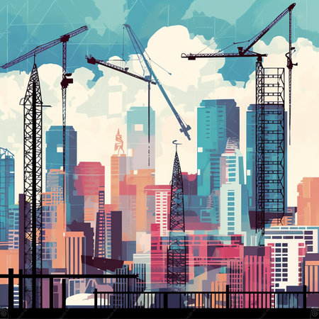 Generative AI : Construction site with cranes on sky backgroundの素材