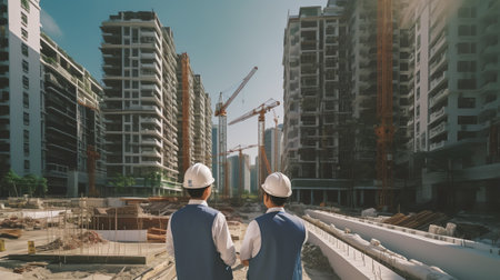Generative AI : Construction engineers discussion with architects at construction site or building site of highrise buildingの素材