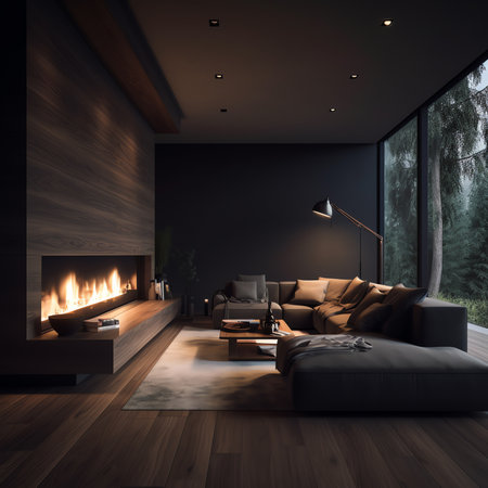 Generative AI : Contemporary interior of spacious living room with comfortable sofa and fireplace in flat designed in minimal styleの素材