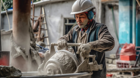 Generative AI : Construction worker Concrete pouring during commercial concreting floors of building in construction site and Civil Engineer or Construction engineer inspec workの素材