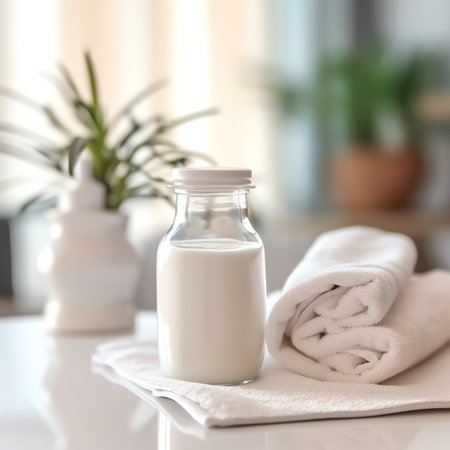 Generative AI : Cosmetics sample on a beige wooden tray with many white flowers green plants towels on white table inside ceramic bathroom backgroundの素材