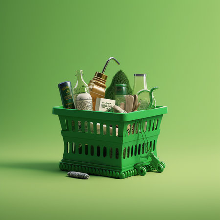 Generative AI : Contemporary art collage of hand holding shopping basket with groceries Go shopping concept Modern design Copy space for adの素材