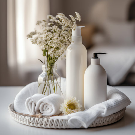 Generative AI : Cosmetics sample on a beige wooden tray with many white flowers green plants towels on white table inside ceramic bathroom backgroundの素材