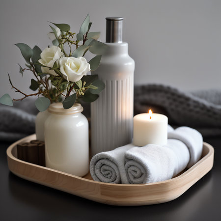 Generative AI : Cosmetics sample on a beige wooden tray with many white flowers green plants towels on white table inside ceramic bathroom backgroundの素材